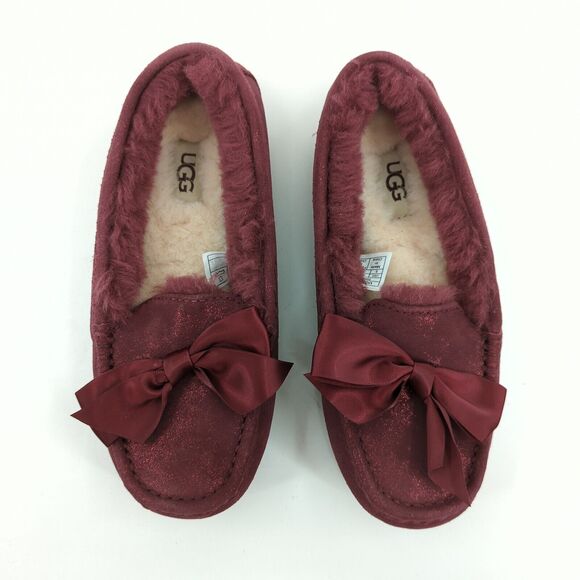 UGG Women 5 Ansley Bow Moccasins Wild Grape Purple Glimmer Wool Lined Suede NEW - Picture 2 of 8